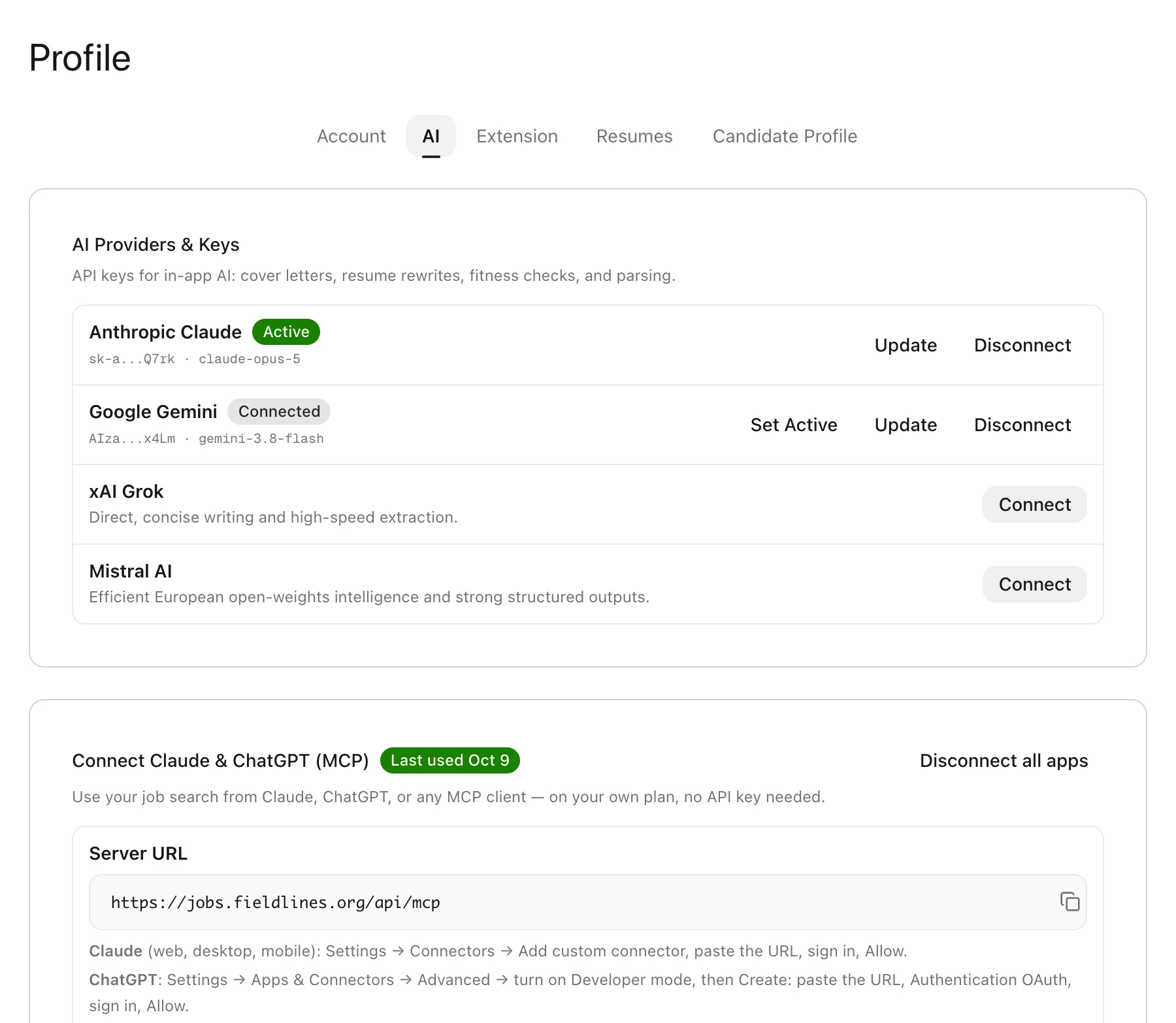 AI settings with options to connect Anthropic Claude, Google Gemini, xAI Grok, and Mistral AI.