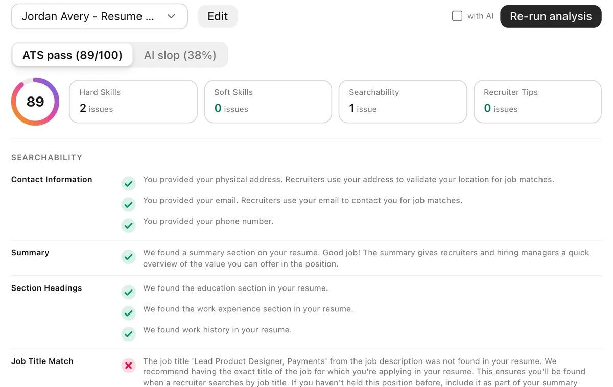 Resume-match review showing a score, skill matches, and checks for clear structure and searchable information.