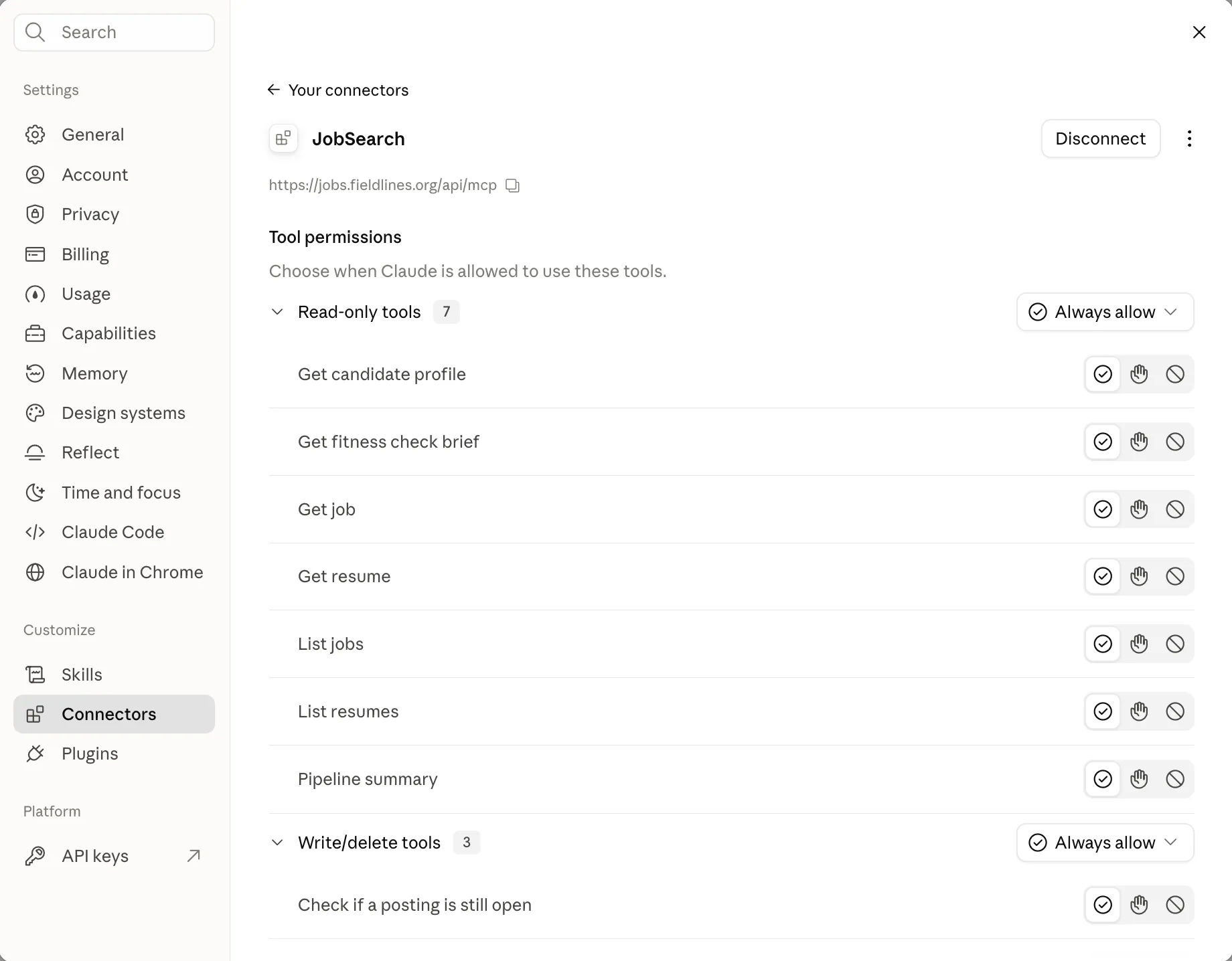 Job Search connected to Claude, with tools for reading and updating applications, profiles, and resumes.