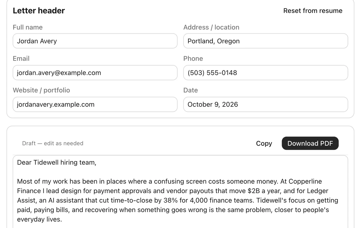 Editable cover letter with contact details beside an employer's application form.