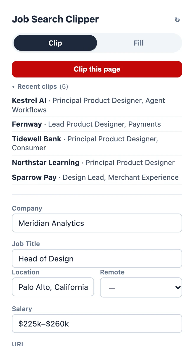 Chrome side panel capturing a job's company, title, salary, and description from a careers page.