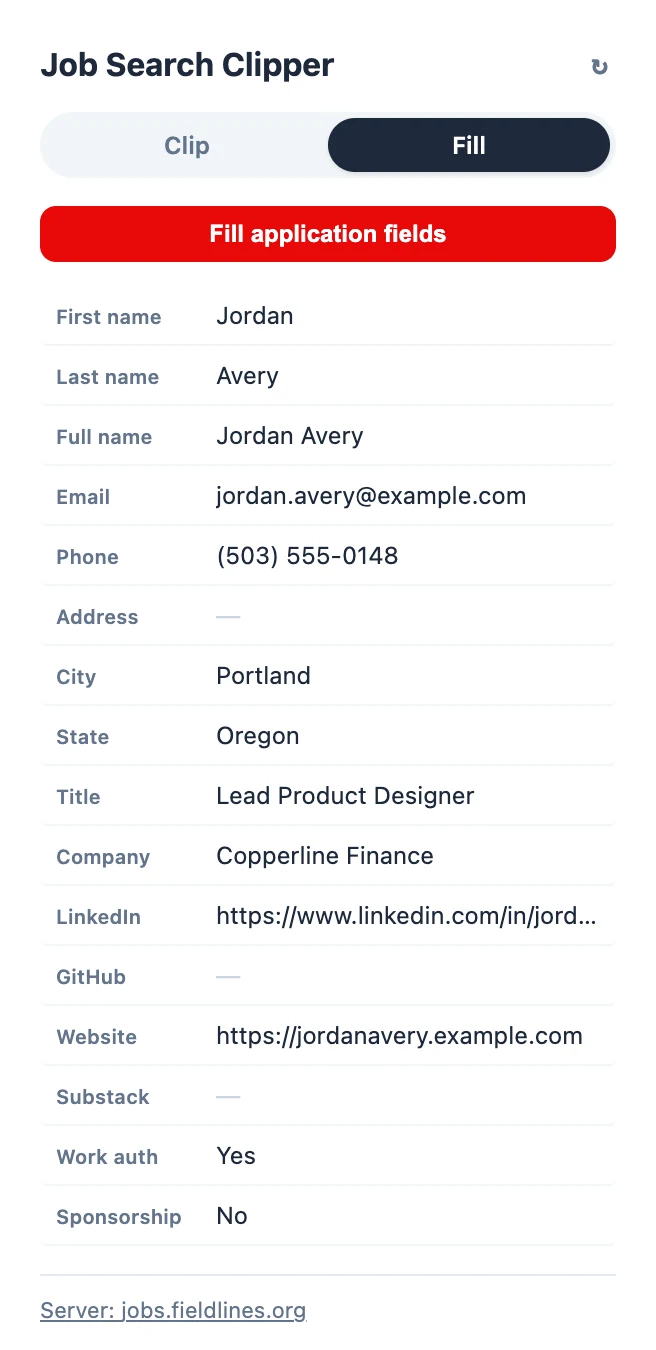 Chrome extension filling saved application details into an employer's application form.