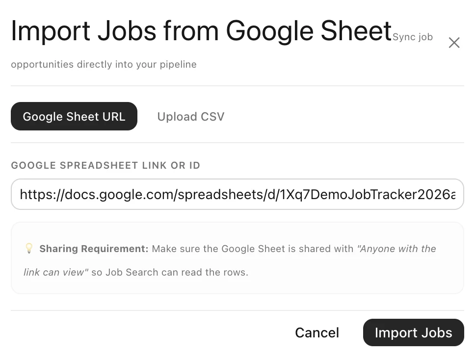 Job import options for a Google Sheet link or CSV upload.
