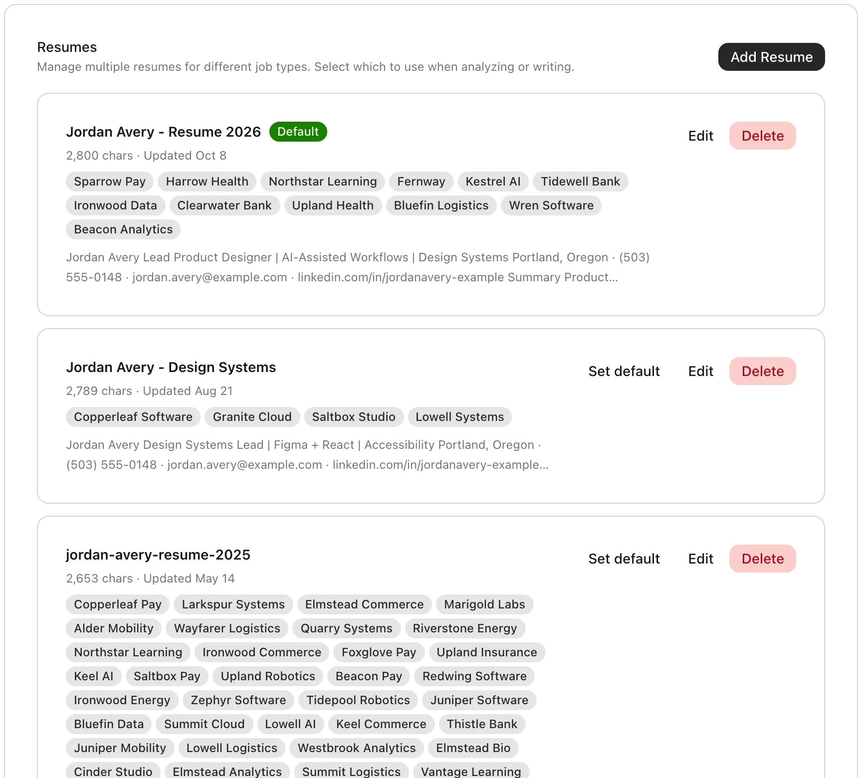Saved resumes with tags showing the companies each version was used for.